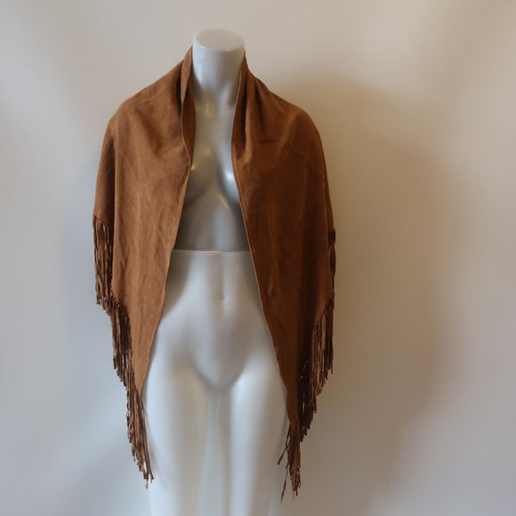 Shag Boutique Brown Faux Suede Fringe Shawl With Floral Design * - Picture 1 of 6